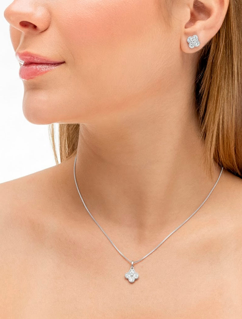 Conjunto Trevo Cravejado Banho Ródio Zircônia