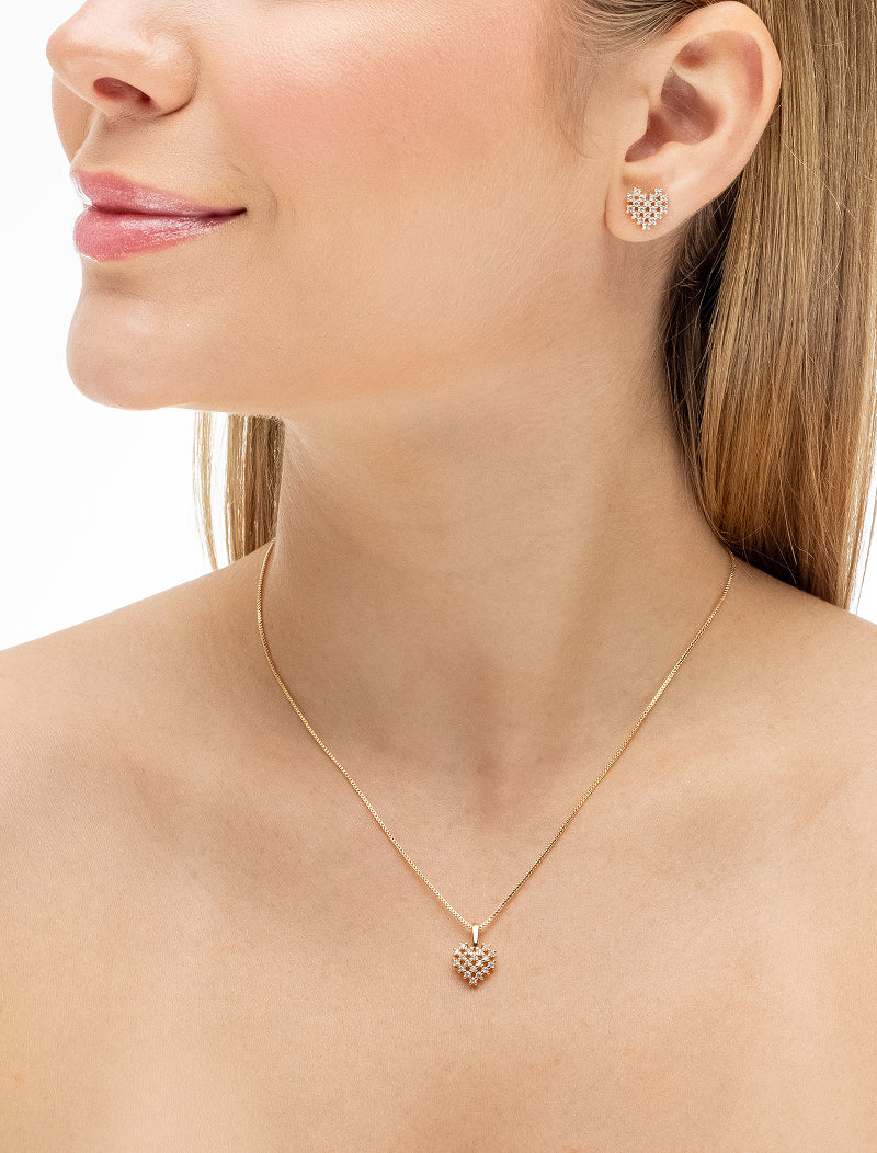 Conjunto Coração Vazado Cravejado Banho Ouro 18K Zircônia