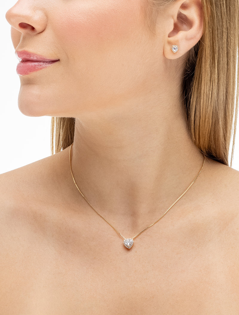 Conjunto Coração Cravejado Banho Ouro 18K Cristal Zircônia