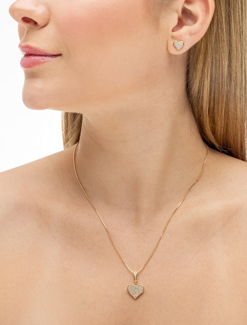 Conjunto Coração Cravejado Banho Ouro 18K Zircônia