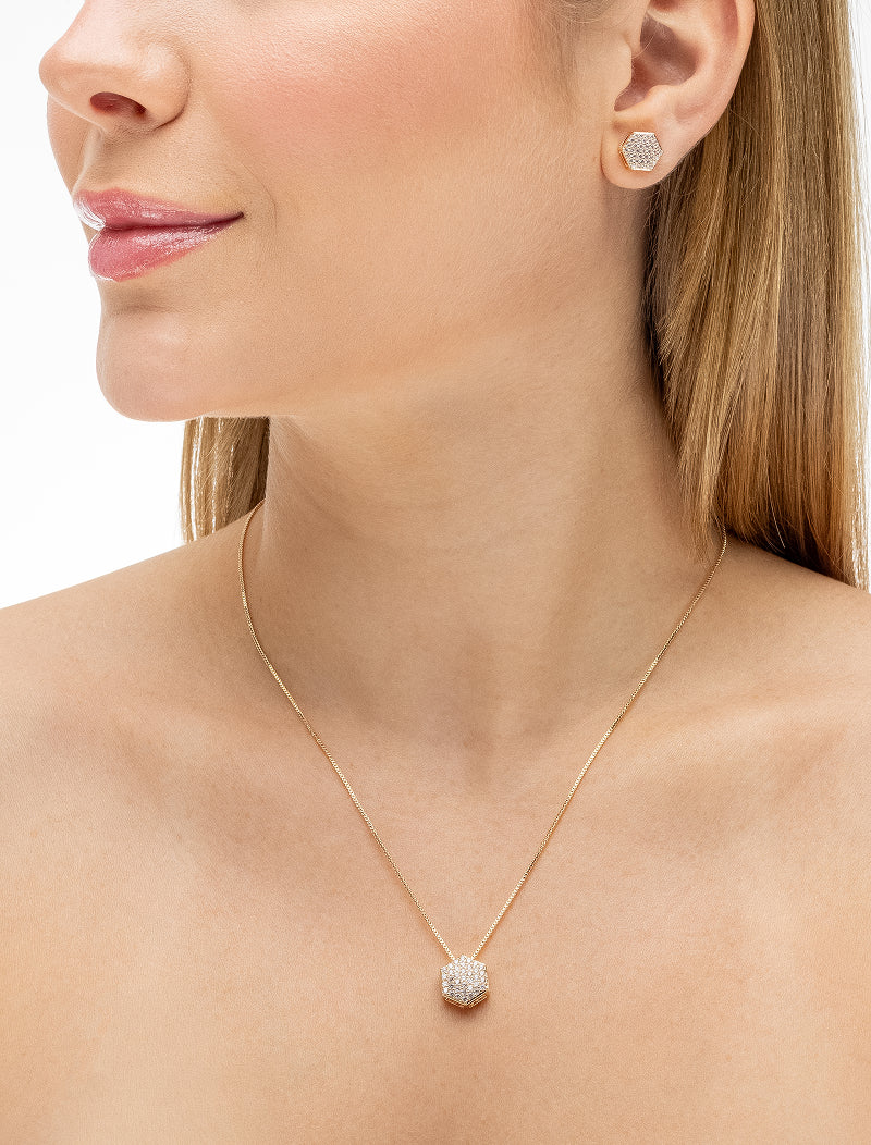 Conjunto Hexágono Cravejado Pavê Banho Ouro 18K