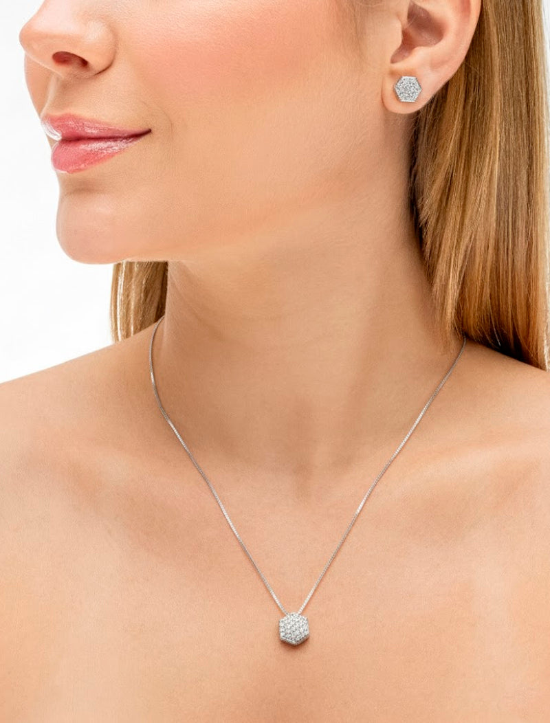 Conjunto Hexágono Cravejado Pavê Banho Ródio