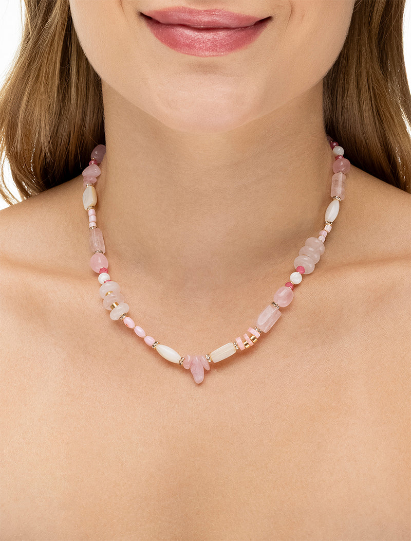 Colar Amoré Choker Orgânico Banho Ouro 18k Quartzo Rosa