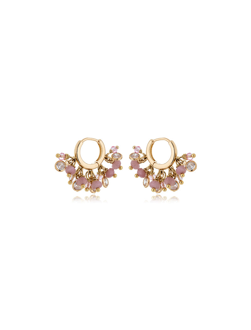 Brinco Peony Argola Click Cachos Banho Ouro 18k Quartzo Rosa