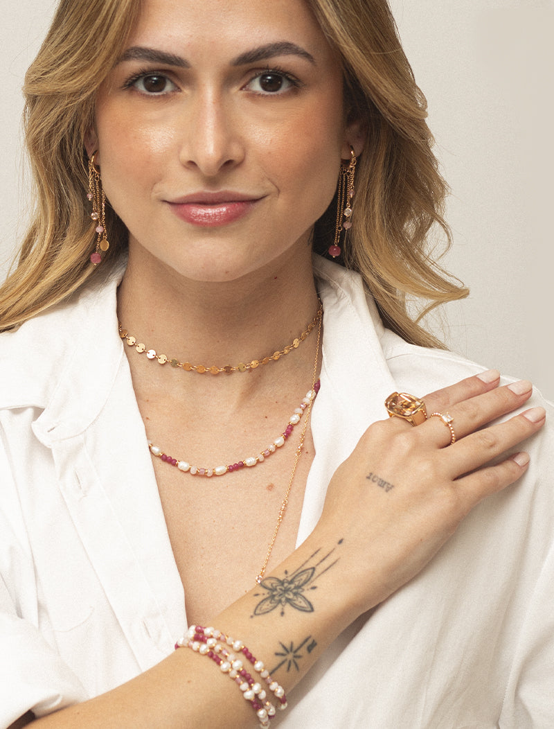 Brinco Peony Argola Click Fios Banho Ouro 18k Quartzo Rosa