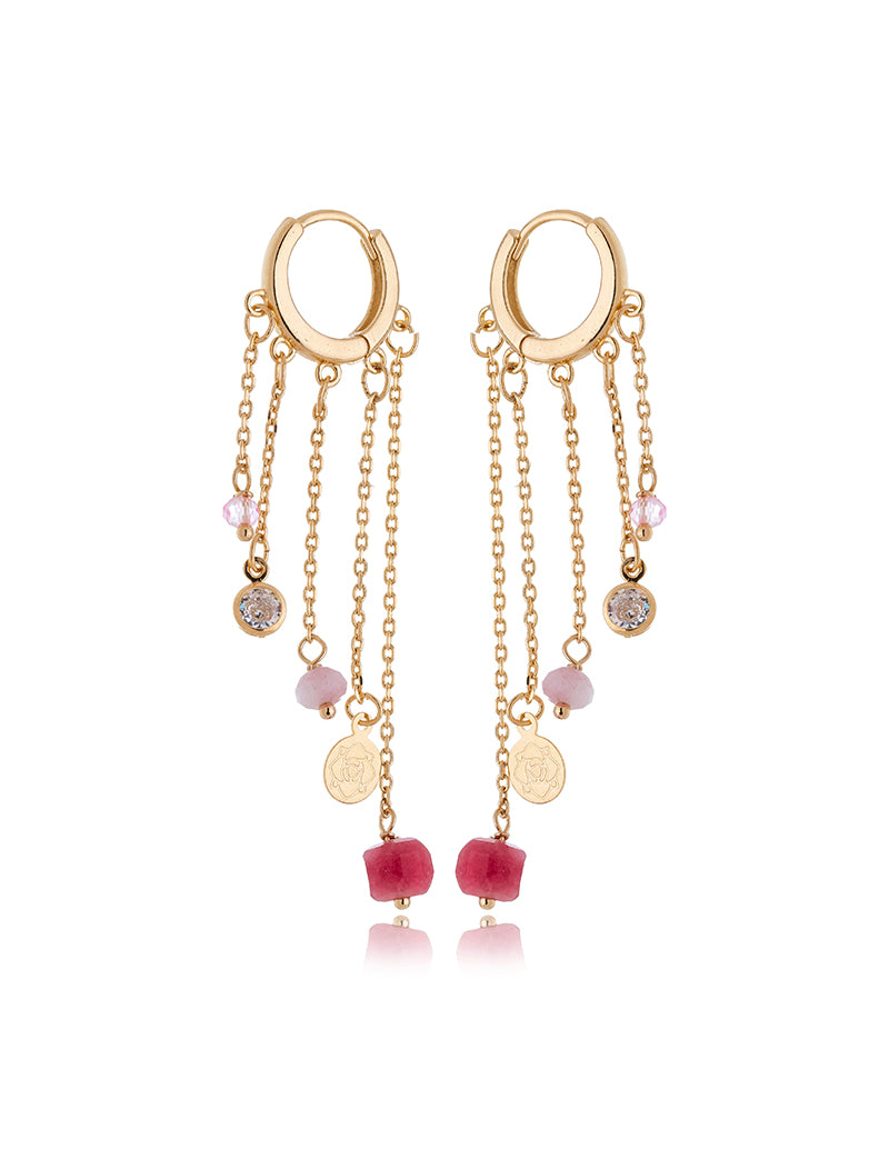 Brinco Peony Argola Click Fios Banho Ouro 18k Quartzo Rosa