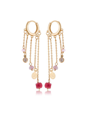 Brinco Peony Argola Click Fios Banho Ouro 18k Quartzo Rosa