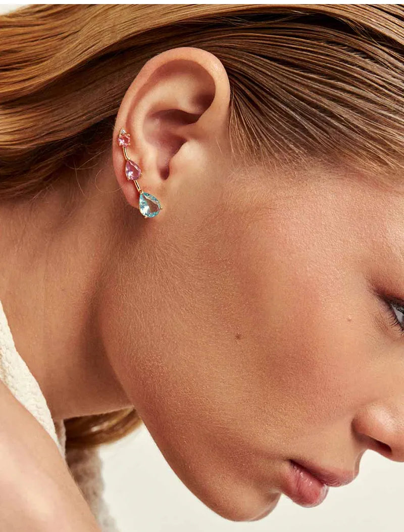 Brinco Earcuff Gotas Banho Ouro 18K Cristal