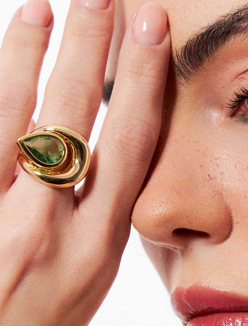 Anel Vazado Gota Banho Ouro 18K Cristal
