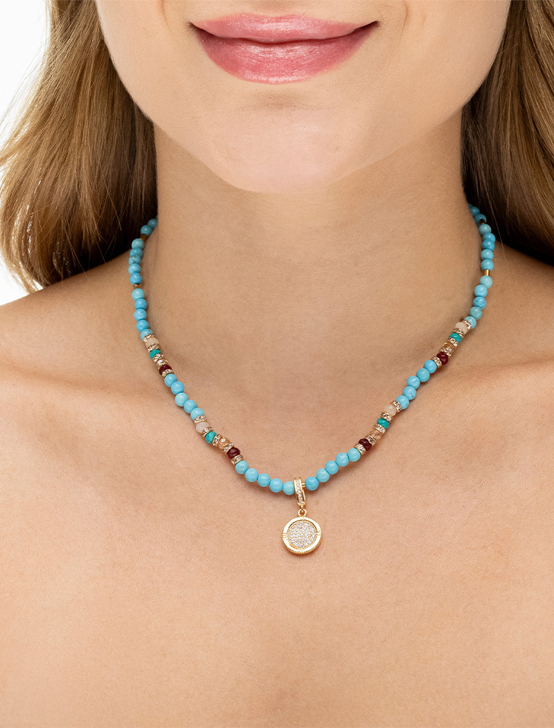 Colar Selene Choker Pedras Pingente Cravejado Banho Ouro 18k Howlita Turquesa
