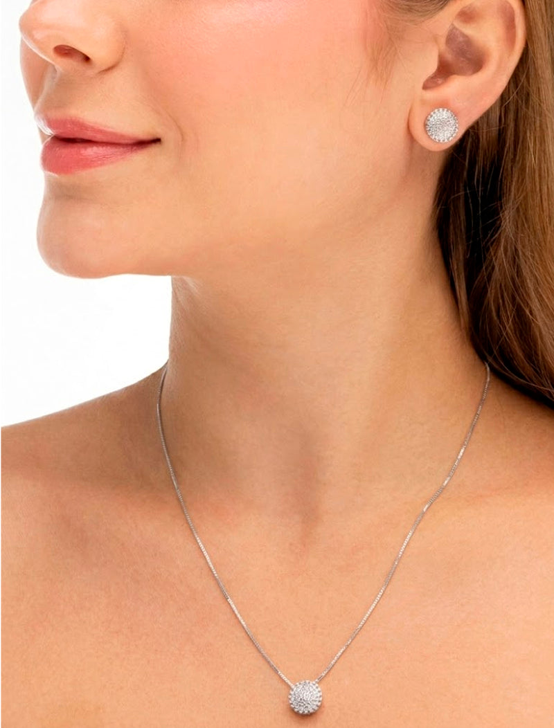 Conjunto Redondo Cravejado Banho Ródio Zircônia