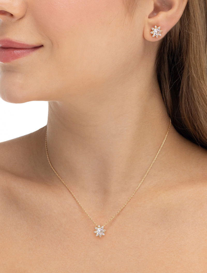 Conjunto Flor Ponto de Luz Banho Ouro 18K Cristal