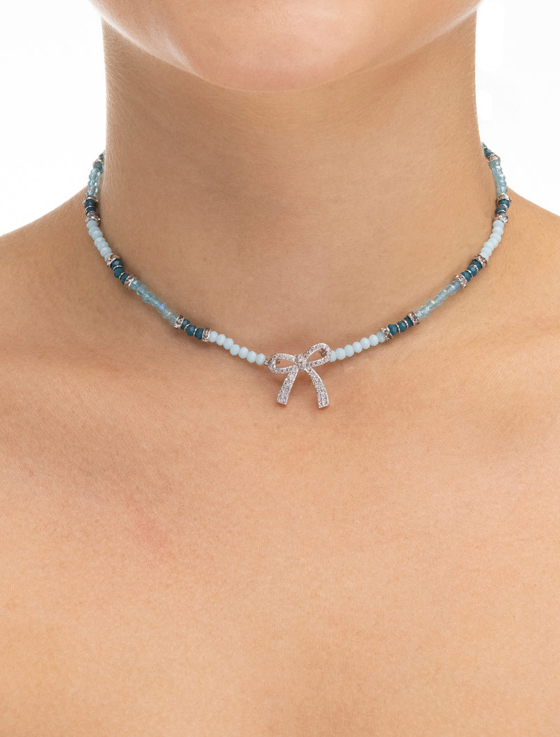 Colar Teen Aqua  Pingente Laço Cravejado Banho Ródio Cristal e Zircônia