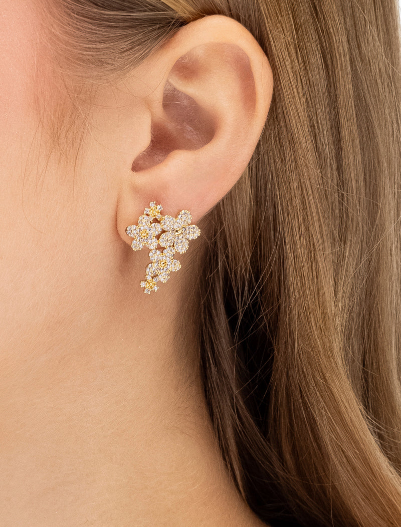 Brinco Earcuff Flores Cravejado Banho Dourado Zircônia