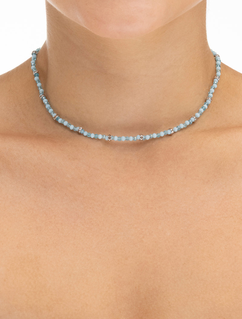 Colar Aqua Choker Volta Pedras Banho Ródio Jade