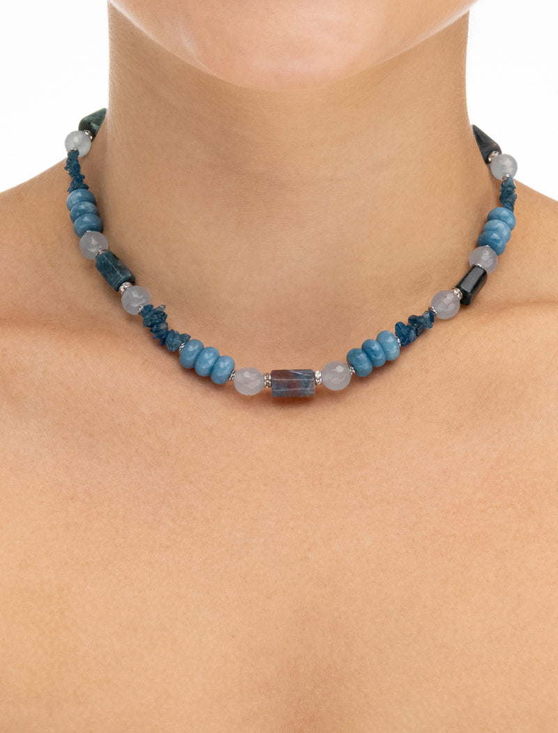 Colar Aqua Choker Geometrico Pedras Banho Ródio Jade