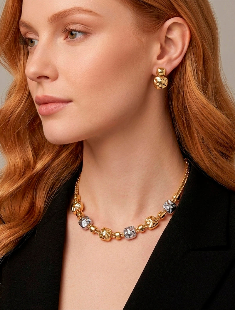 Conjunto Quadrados Amassados Liso Banho Ouro 18K e Ródio
