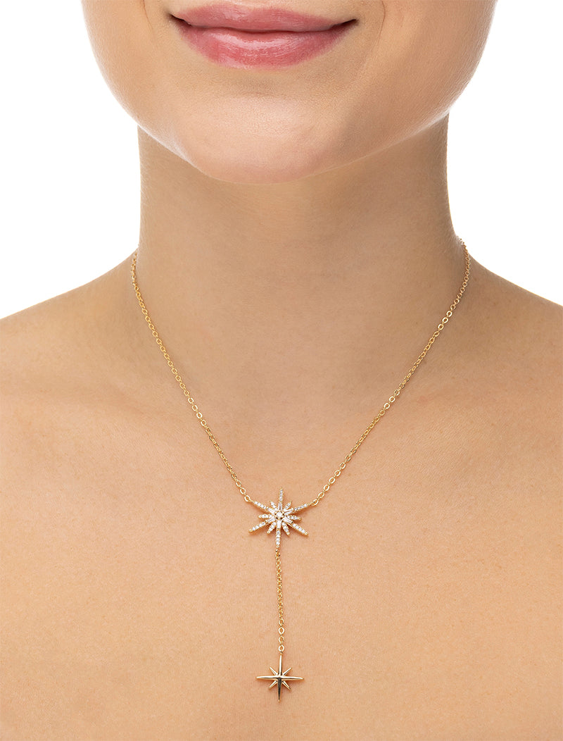 Colar Duas Estrelas Cravejada e Lisa Banho Ouro 18K Zircônia