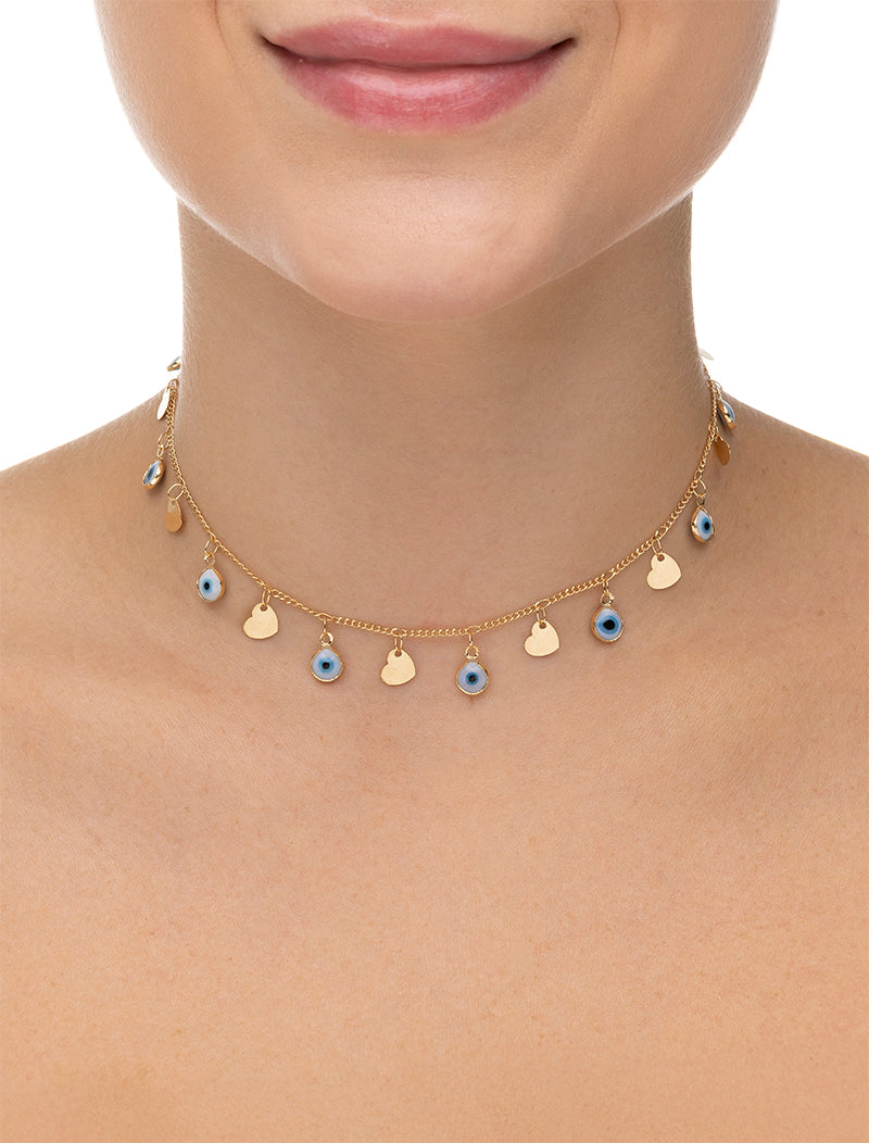 Colar Teen Choker Pingentes Corações Olhos Gregos Banho Ouro 18K