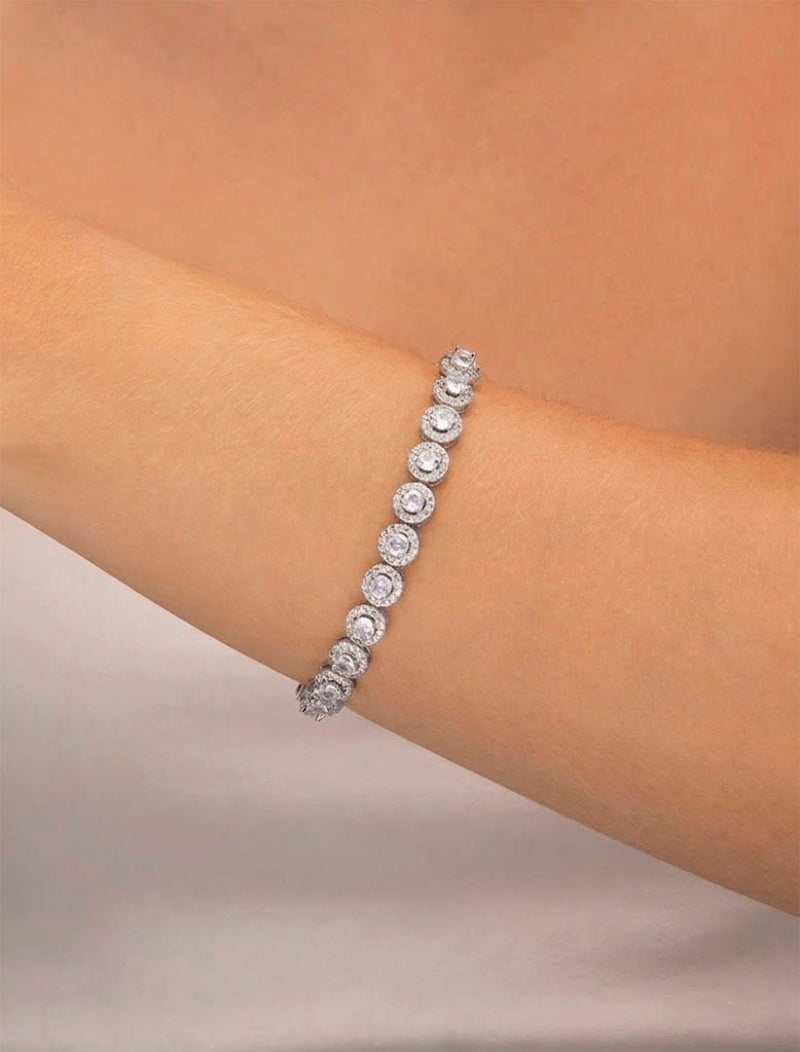 Pulseira Riviera Redondo Cravejado Pedra Banho Prateado Zircônia