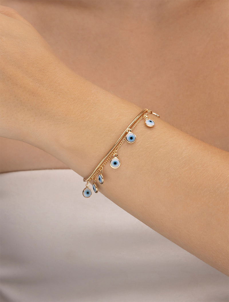 Pulseira Pingentes Olho Grego Malha Lisa Banho Ouro 18K