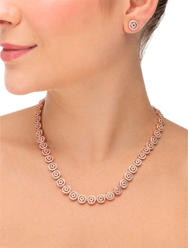 Conjunto Redondo Cravejado Bijuteria Rosé Zircônia