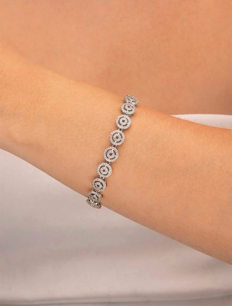Pulseira Redonda Cravejada Banho Prateado Zircônia
