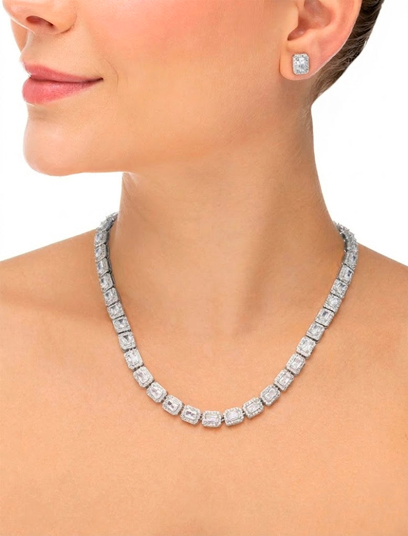 Conjunto Retangulares Cravejadas Banho Prateado Zircônia