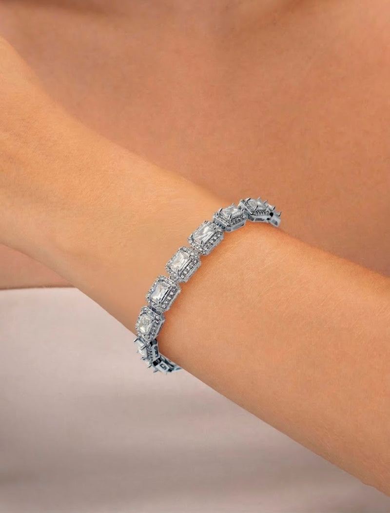 Pulseira Toda Retangulares Cravejadas Banho Prateado Zircônia