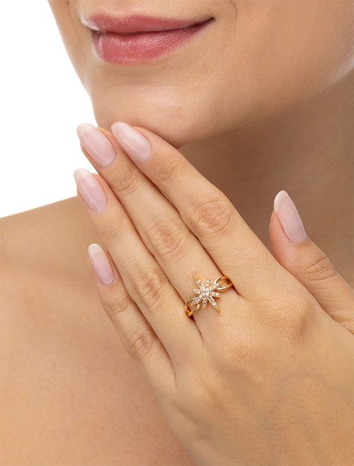Anel Estrela Cravejada Banho Ouro 18K Zircônia