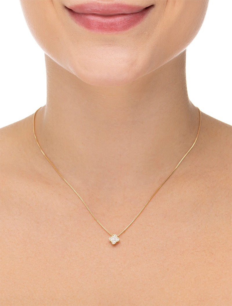 Colar Mini Trevo Cravejado Banho Ouro 18K Zircônia