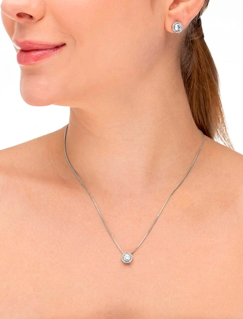 Conjunto Teen Redondo Cravejado Banho Ródio Cristal e Zircônia