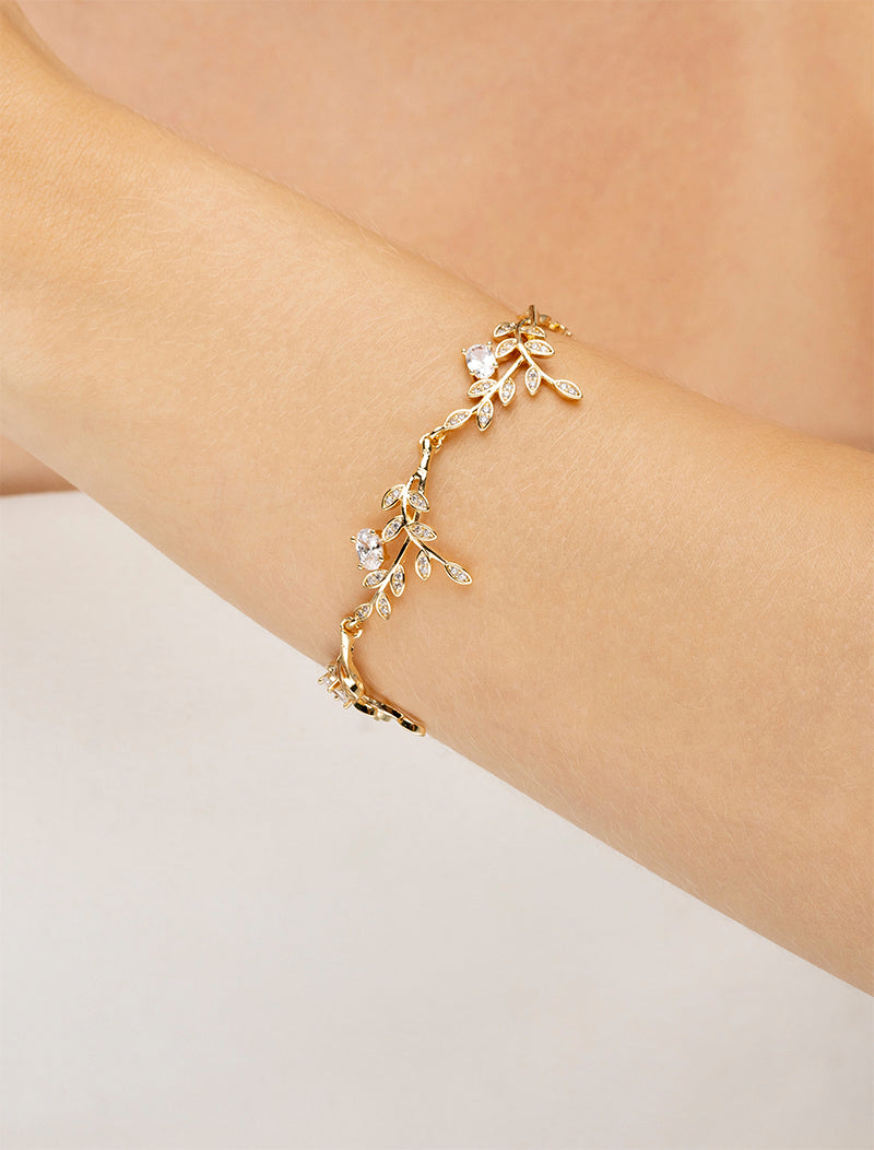 Pulseira Galhos Folhas Cravejados Banho Ouro 18k Cristal Zircônia