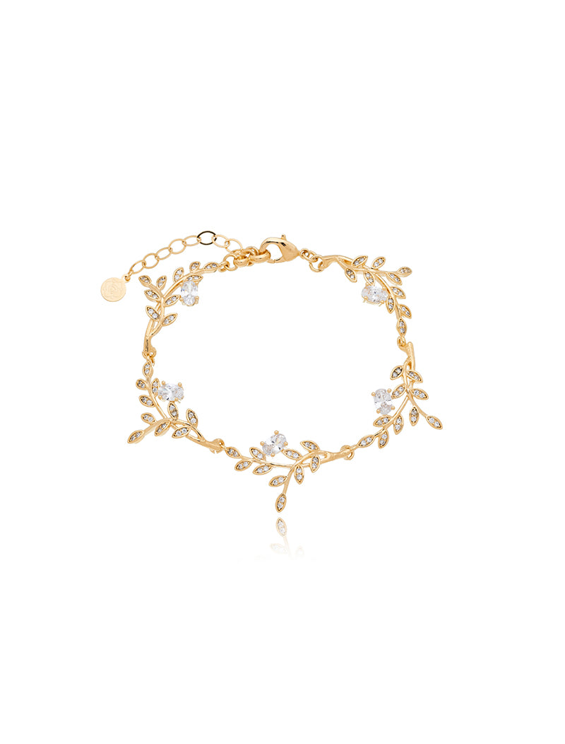 Pulseira Galhos Folhas Cravejados Banho Ouro 18k Cristal Zircônia