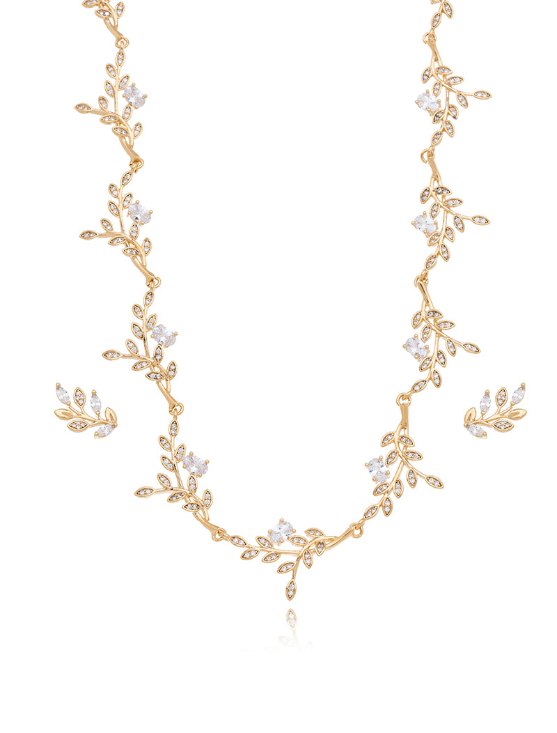 Conjunto Galhos Folhas Cravejadas Banho Ouro 18k Zircônia
