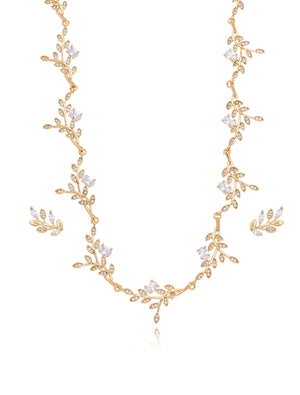 Conjunto Galhos Folhas Cravejadas Banho Ouro 18k Zircônia
