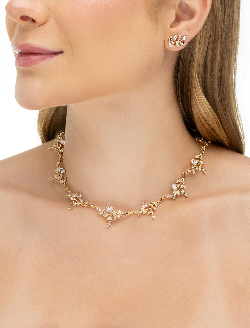 Conjunto Galhos Folhas Cravejadas Banho Ouro 18k Zircônia