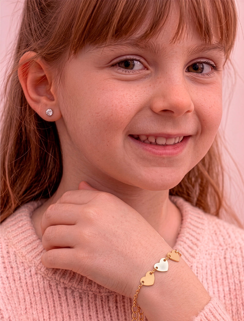 Pulseira Infantil Três Corações Lisos Gota Banho Ouro 18K Cristal