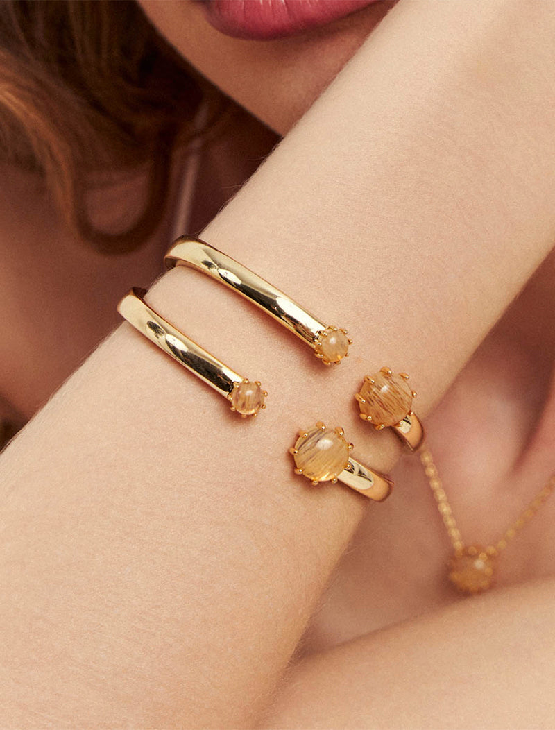 Pulseira Bracelete Meio Aberto Pedra  Banho Ouro 18k Cristal Rutilado