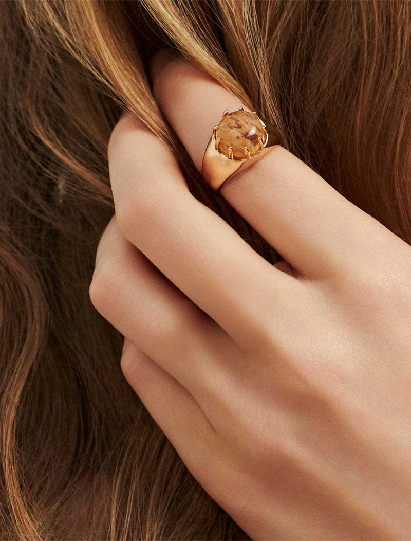 Anel Redondo Meio Cristal Rutilado Banho Ouro 18k