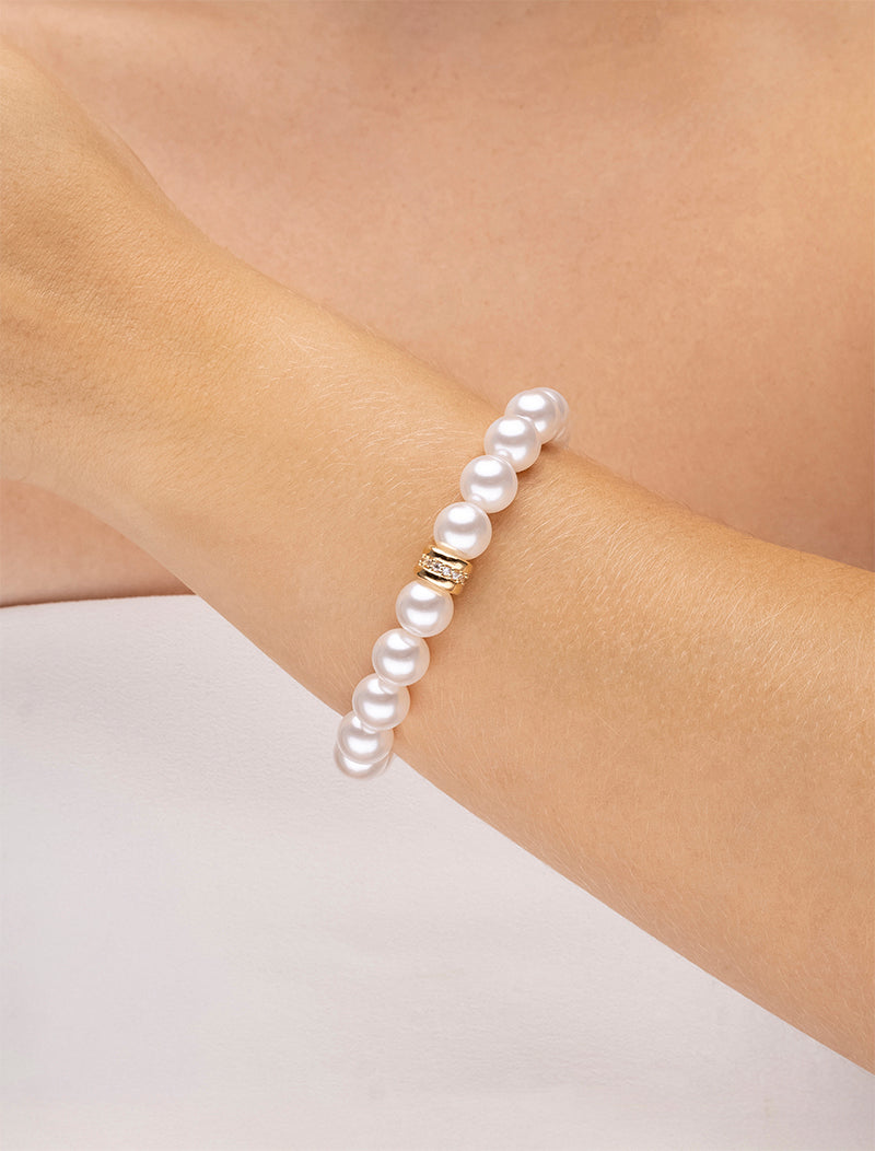 Pulseira Detalhe Cravejado Banho Ouro 18K Pérola Shell Zircônia