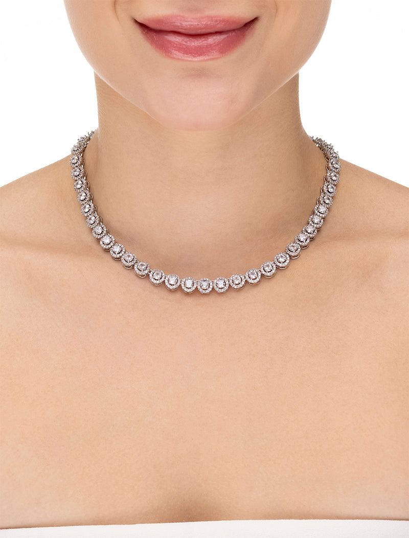 Colar Choker Redondo Cravejado Banho Prateado Zircônia