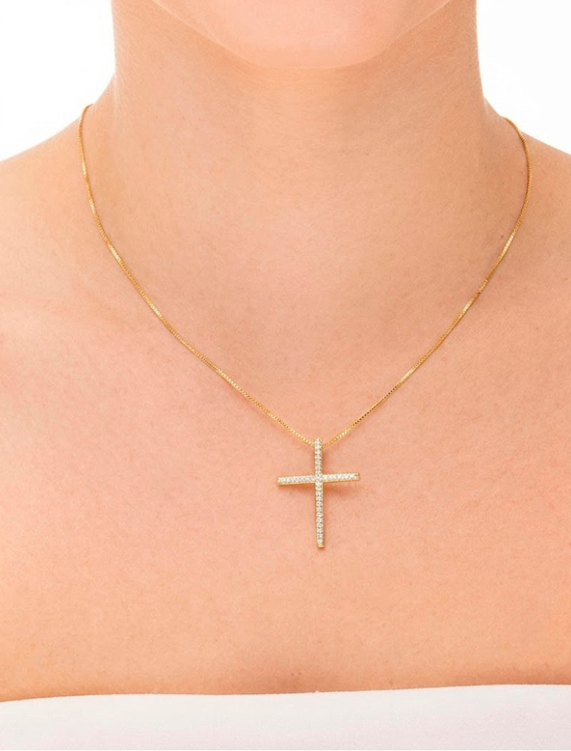 Colar Cruz Cravejada Banho Ouro 18k Zircônia