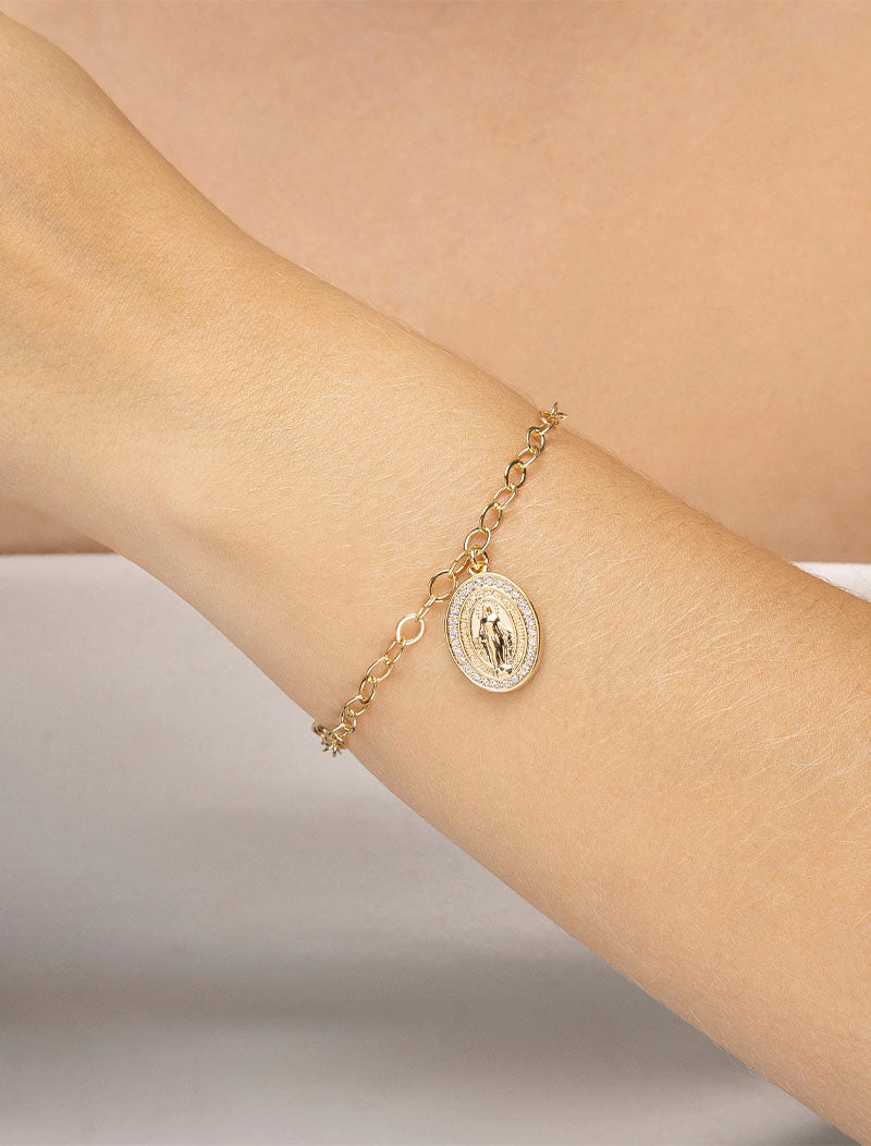 Pulseira Pingente Nossa Senhora das Graças Volta Cravejada Banho Ouro 18k Zircônia