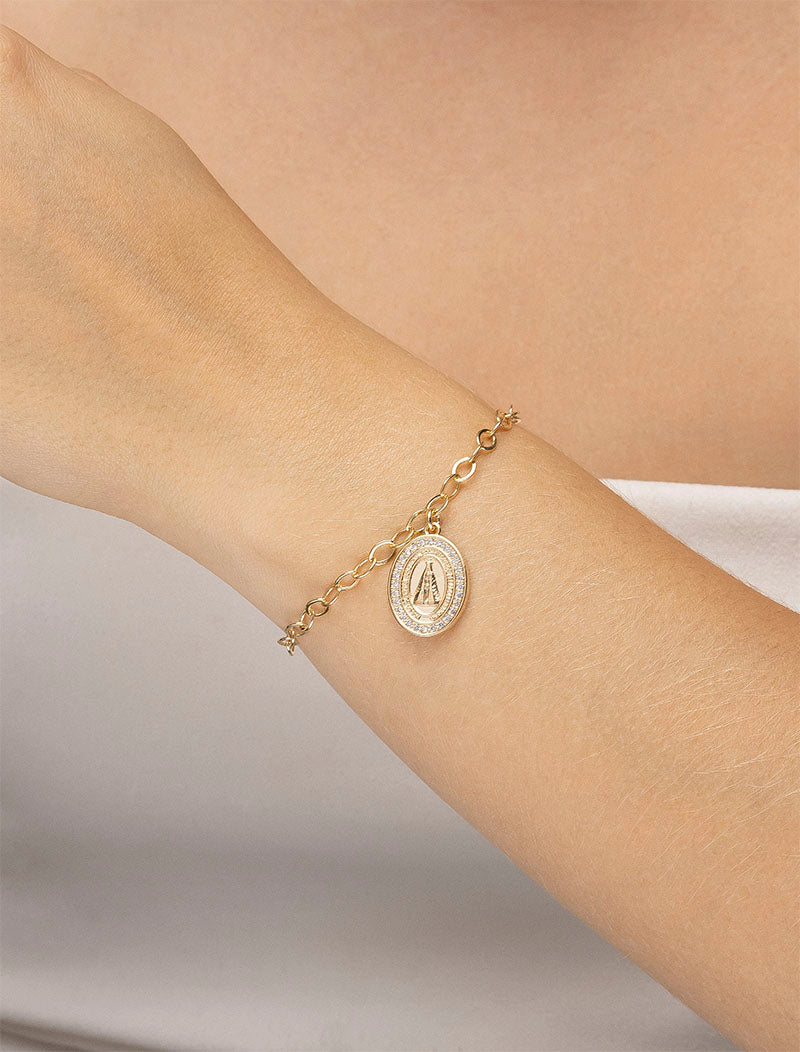 Pulseira Pingente Nossa Senhora Aparecida Volta Cravejada Banho Ouro 18k Zircônia