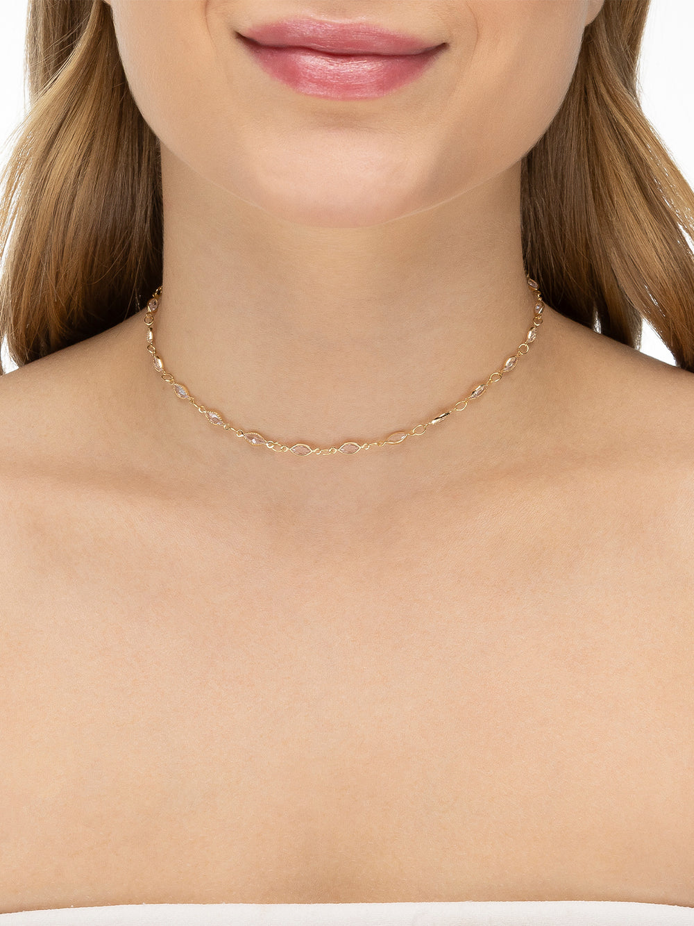 Colar Choker Cristais Navetes Banho Ouro 18k