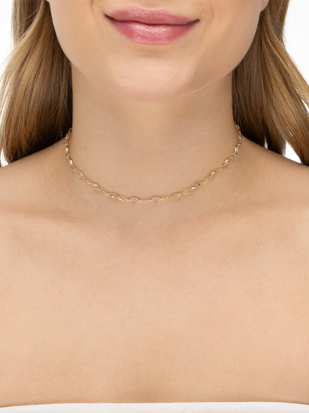 Colar Choker Cristais Navetes Banho Ouro 18k