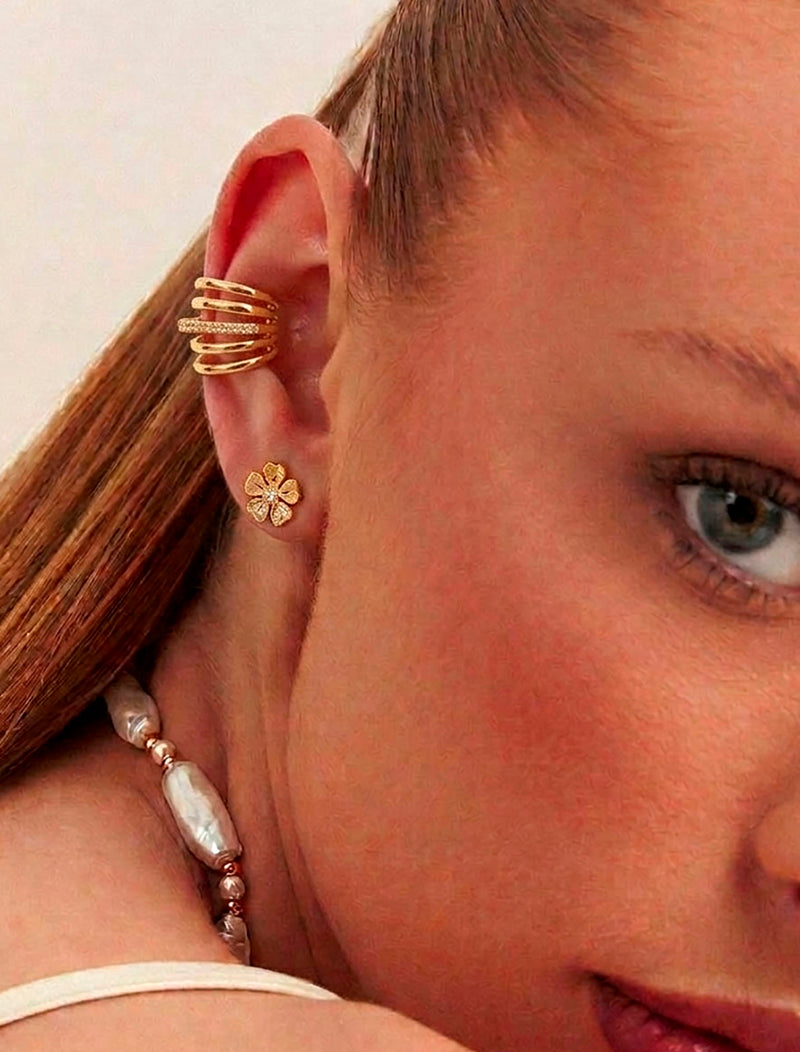 Brinco Piercing Fake Voltas Cravejado Banho Ouro 18k Zircônia
