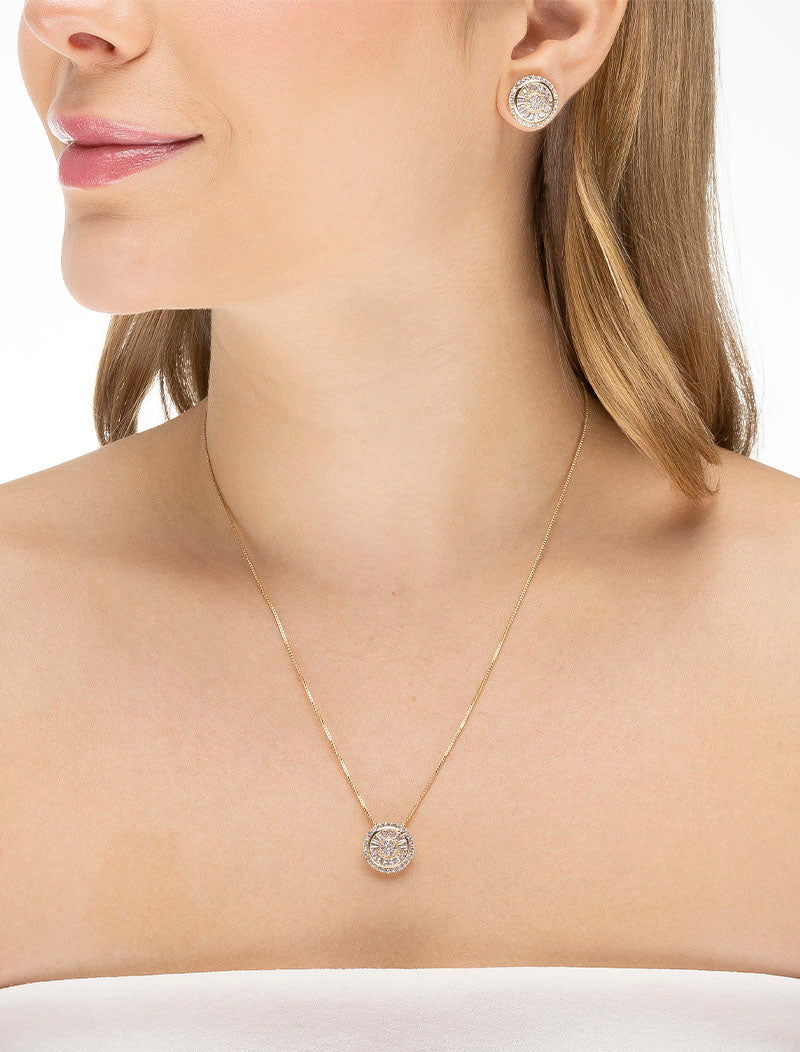 Conjunto Redondo Cravejado Radial Banho Ouro 18k