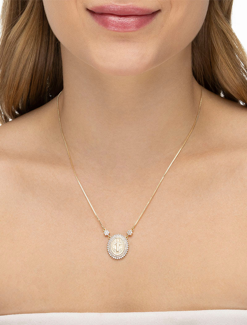 Colar Medalha São Bento Volta Cravejada Banho Ouro 18k